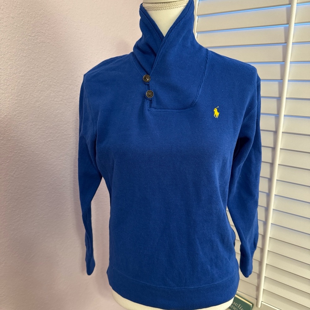 Ralph Lauren Royal Blue Shawl-Collar Sweater with Yellow Pony
